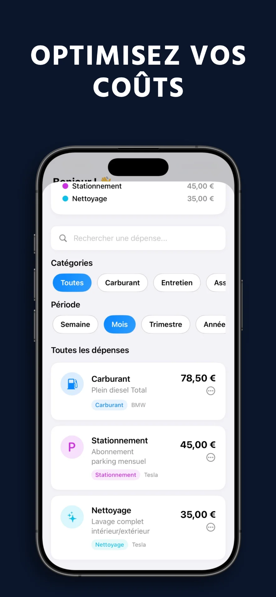 Écran détail des dépenses WheelTrack avec catégories et filtres
